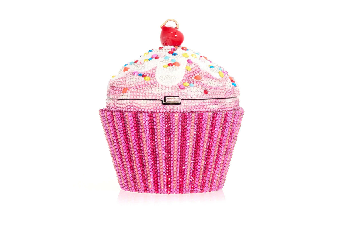 Cupcake Cherry fuchsia enamel crystal clutch lifestyle view