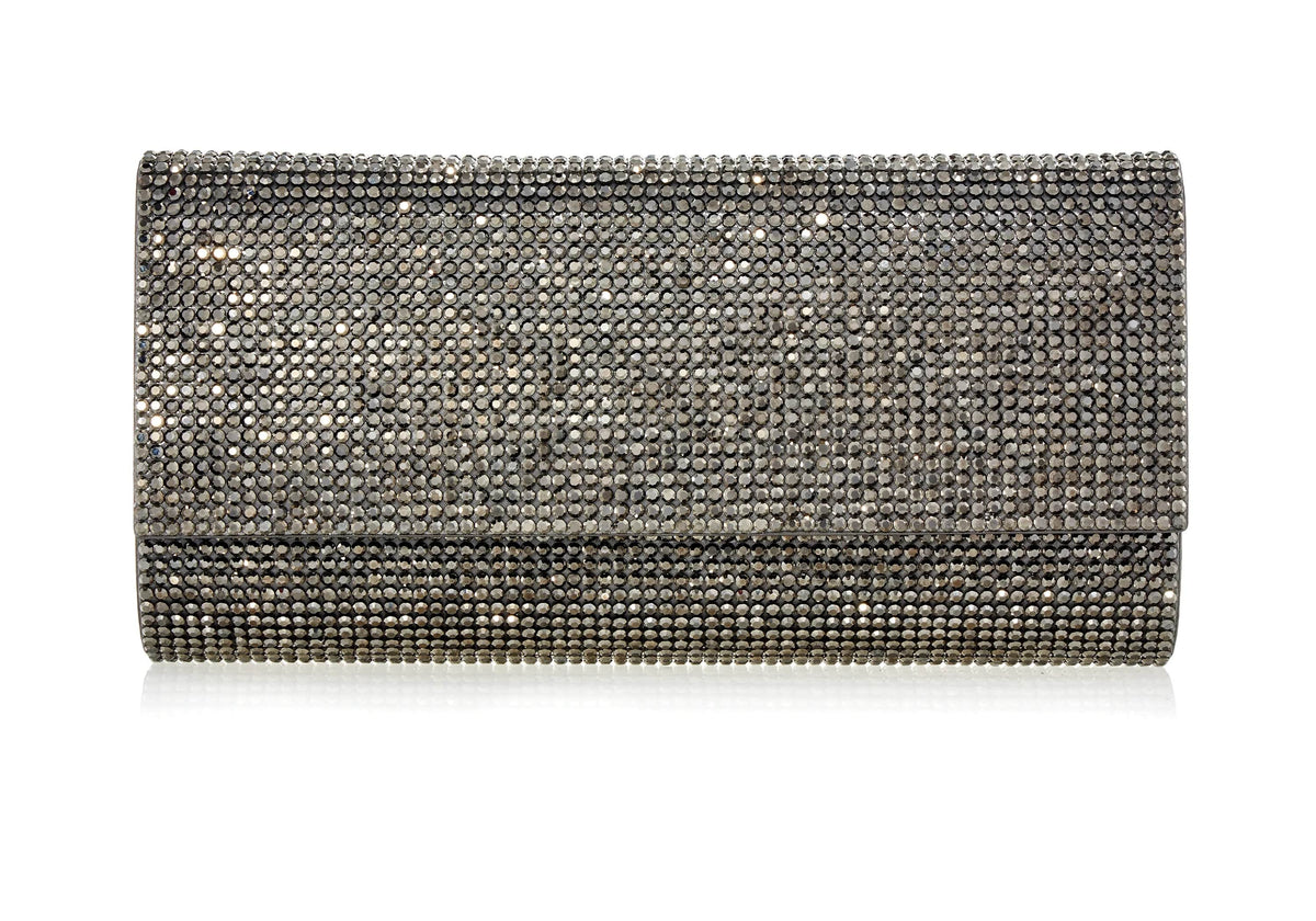 Perry Crystal Gray hematite clutch front view