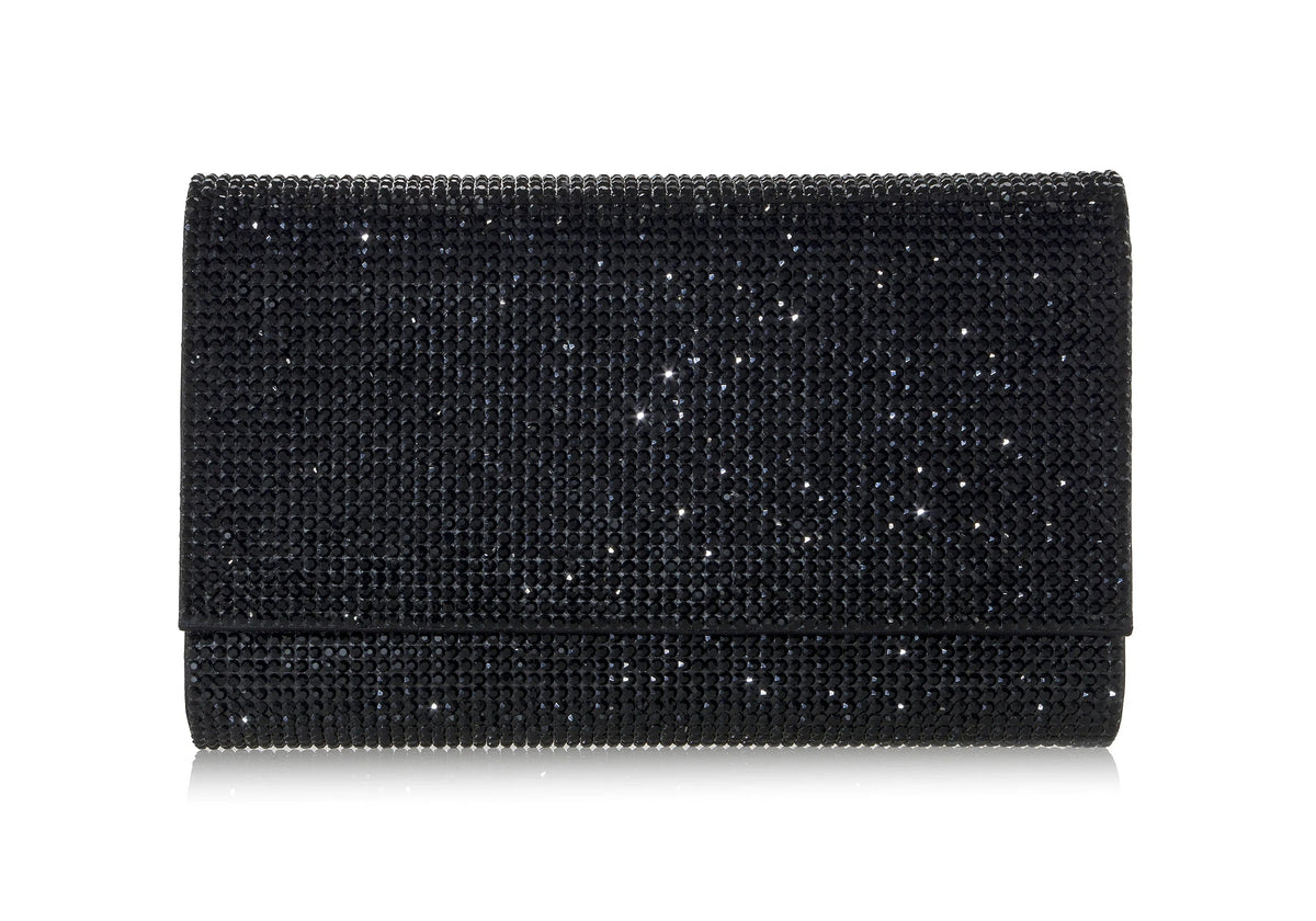 Fizzoni Black Envelope Clutch Bag jet crystal front view