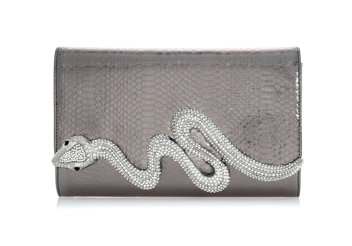 Serpent Fizzoni Vegan Leather Gunmetal silver crystal clutch front view