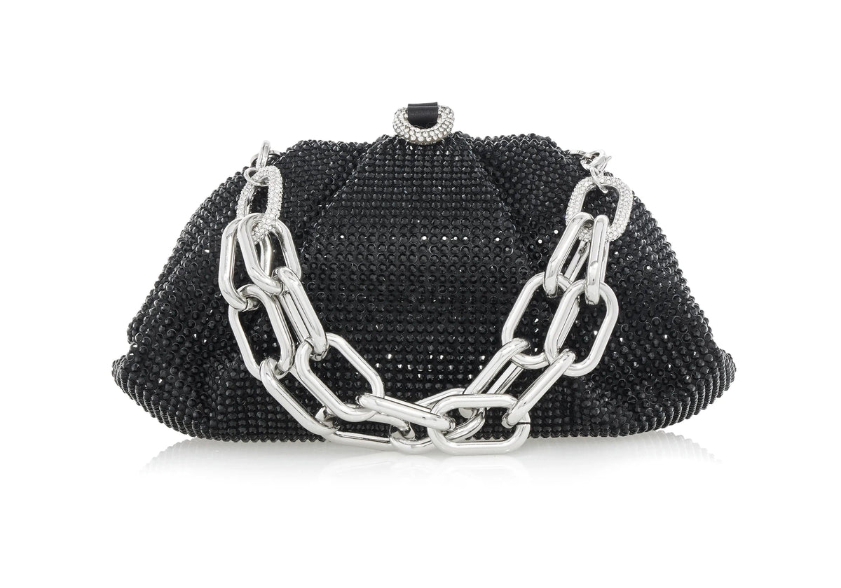 Gemma Crystal Black jet clutch with chain front view