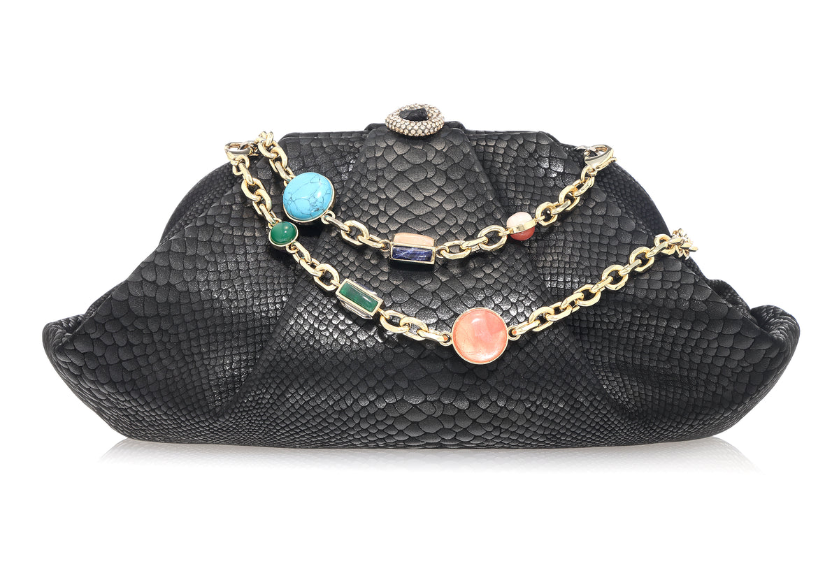 Grande Gemma Embossed Clutch black with chain front view
