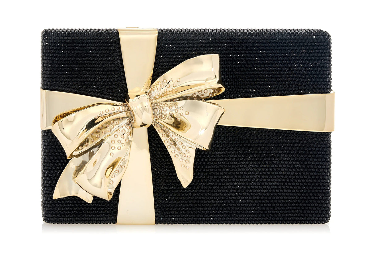 Gift Box Surprise Black gold crystal clutch front view