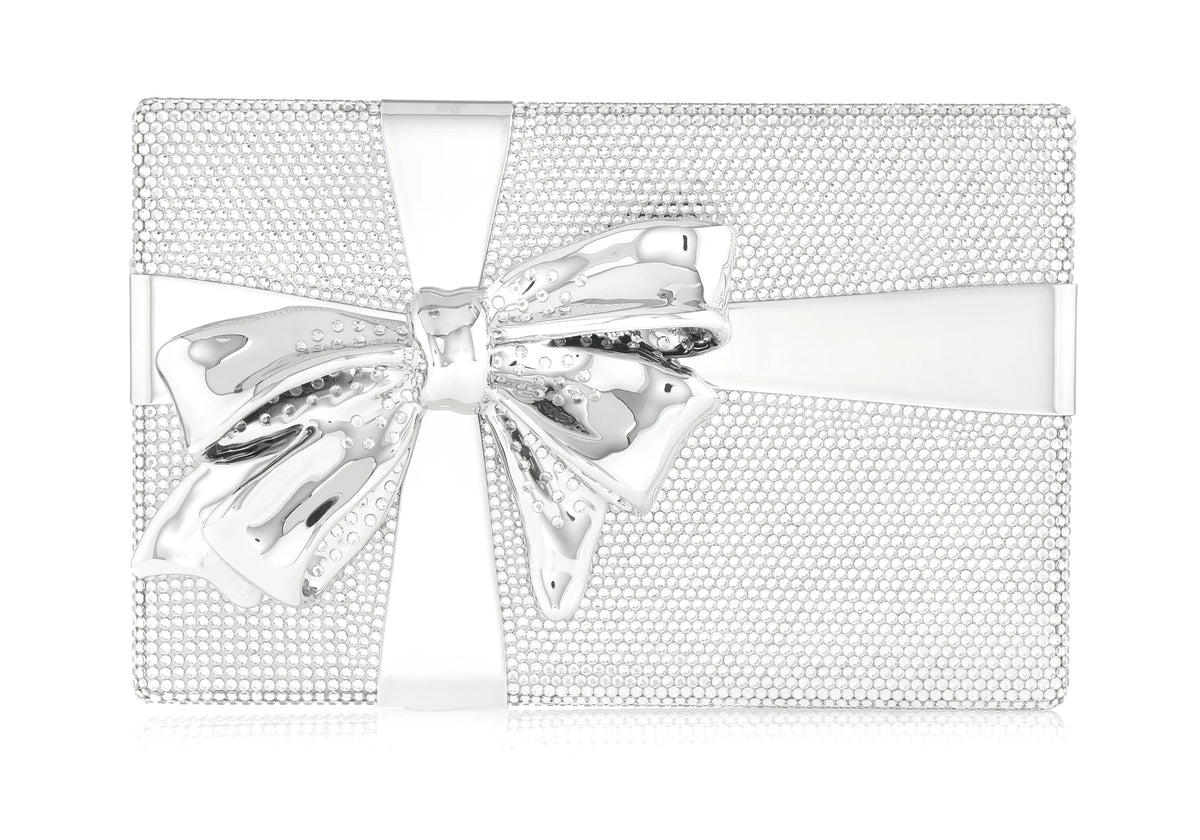 Gift Box Surprise Silver crystal clutch front view