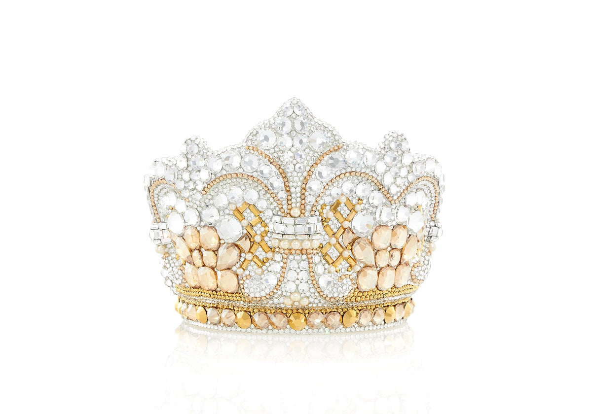 Crown Jewels gold crystal clutch front view