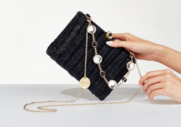小物 Judith Hailey Wicker Basket Natural Stone Black - Judith Leiber