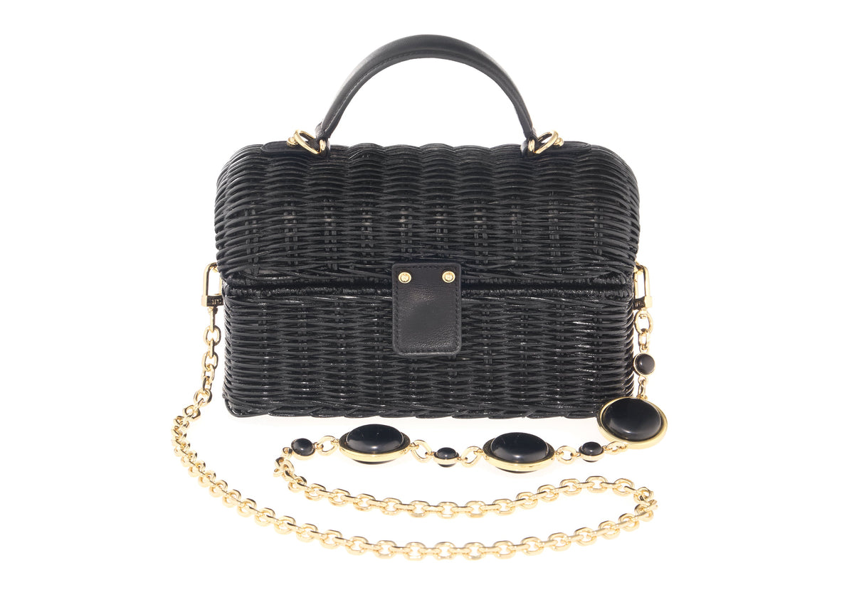 Isla Wicker Basket Semi-Precious Stones Black top handle with chain front view
