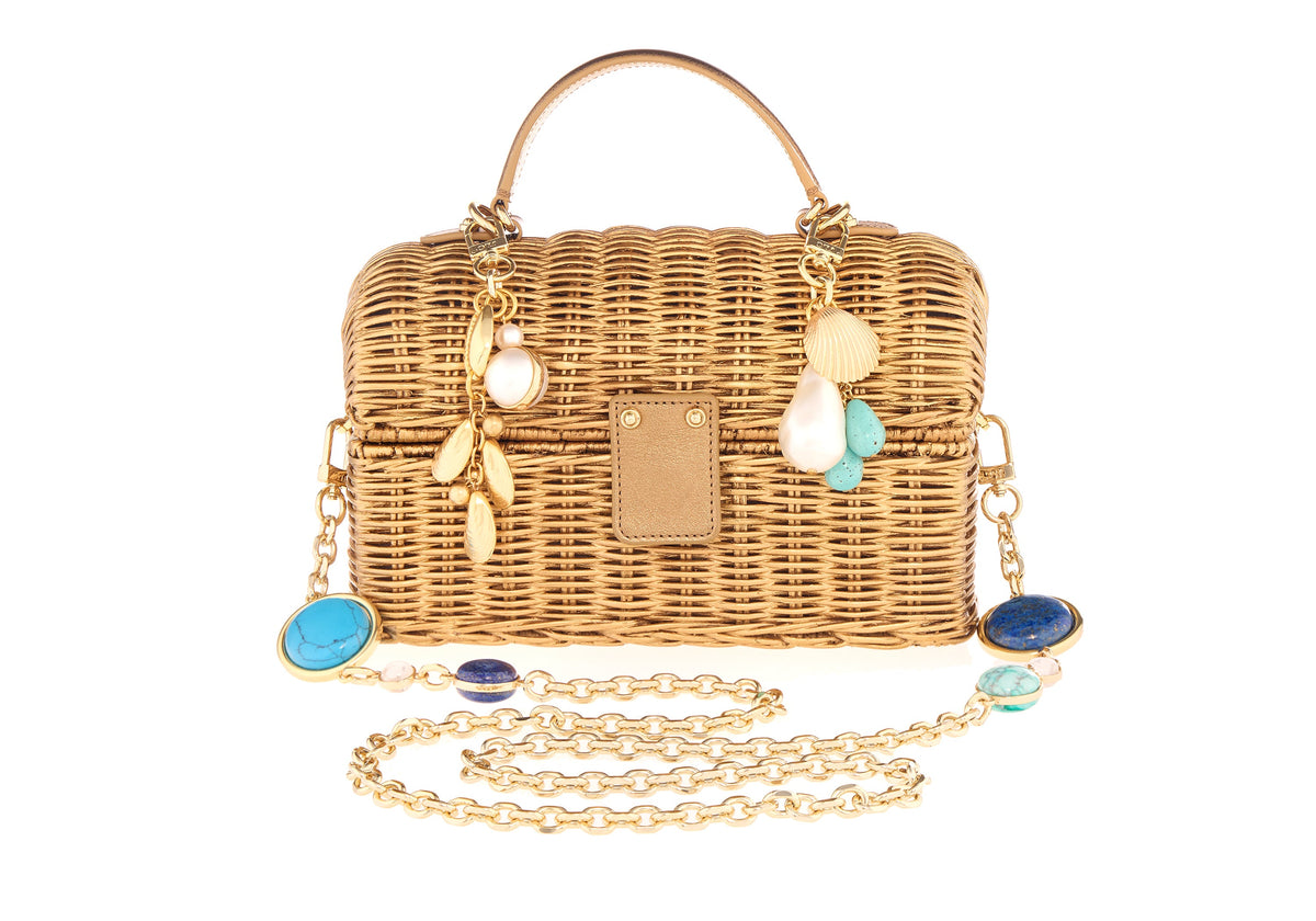 Isla Wicker Basket Sea Charms gold top handle with chain front view