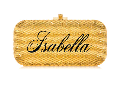 Bespoke Long Slide gold crystal clutch monogram personalization example
