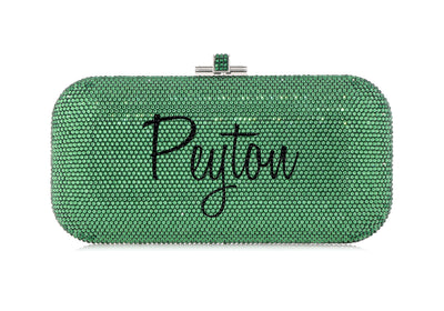 Bespoke Long Slide leaf green crystal clutch monogram personalization exampl