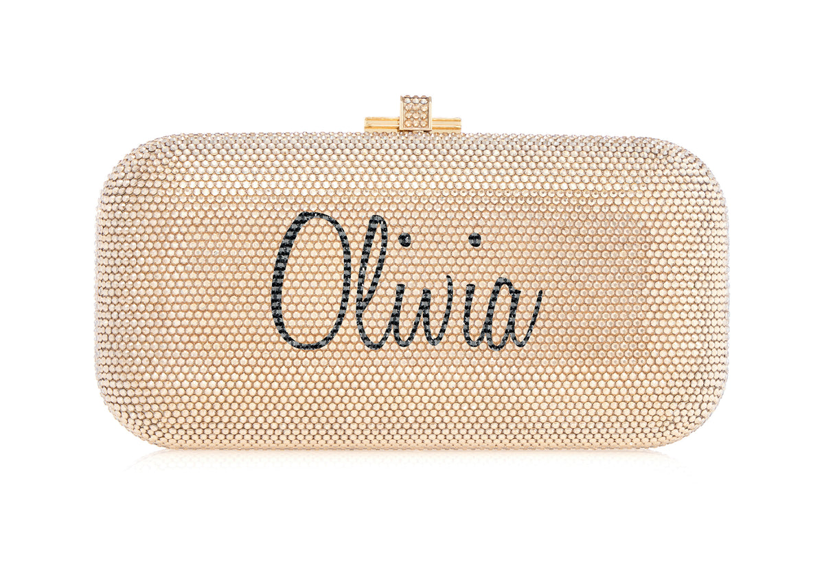 Bespoke Long Slide prosecco crystal clutch monogram personalization example