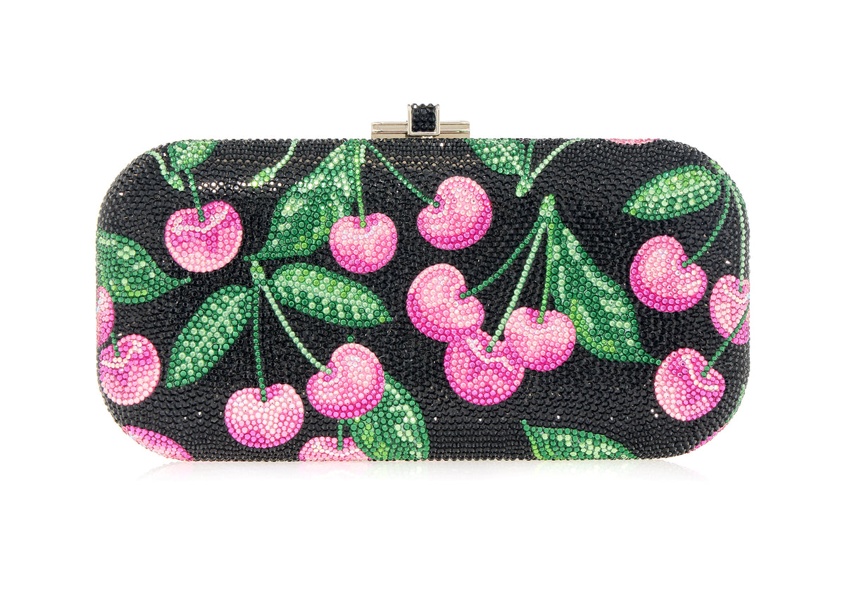 Long Slide Bing Cherries Black jet crystal clutch front view