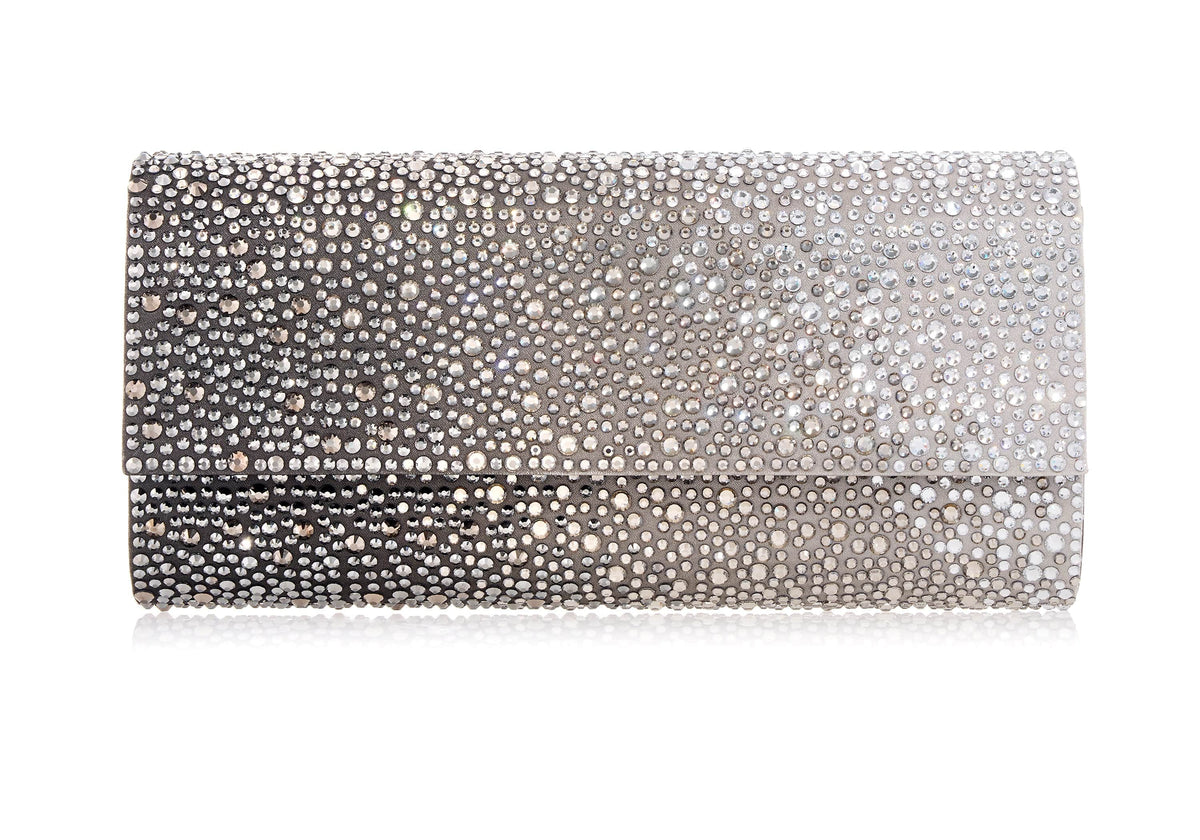 Perry Crystal Caviar Gradient Platinum gray clutch front view