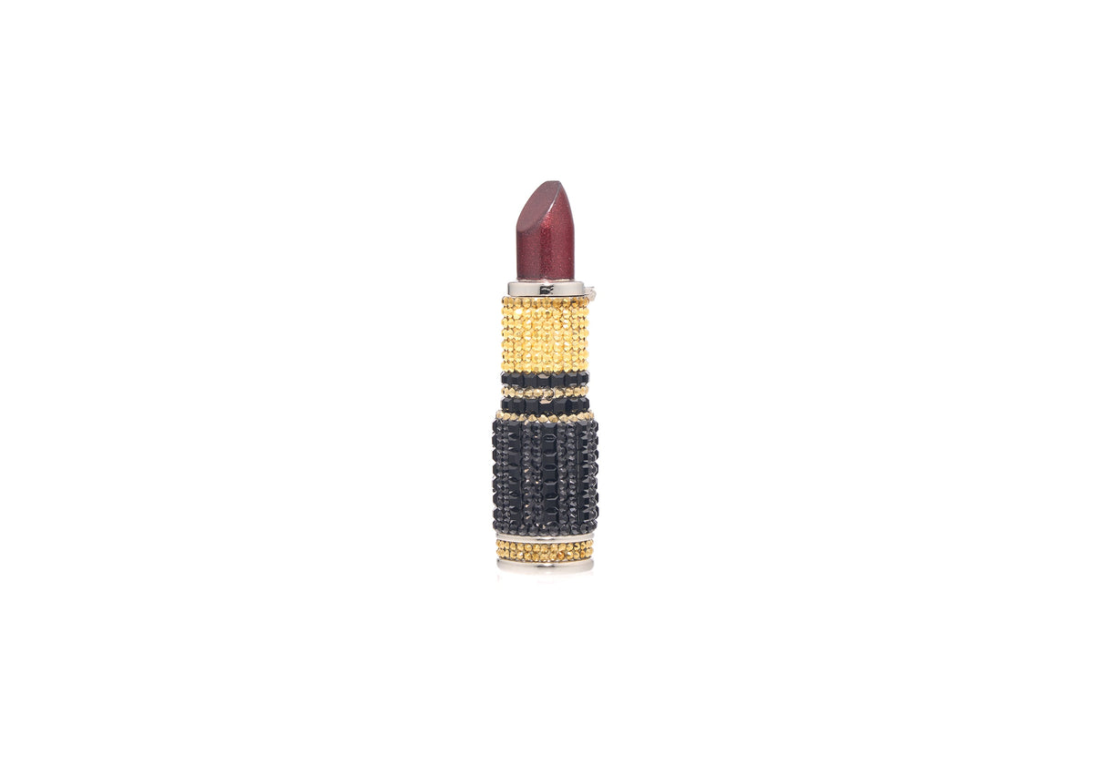 Lipstick Burgundy Glitter Pillbox ruby enamel crystal front view
