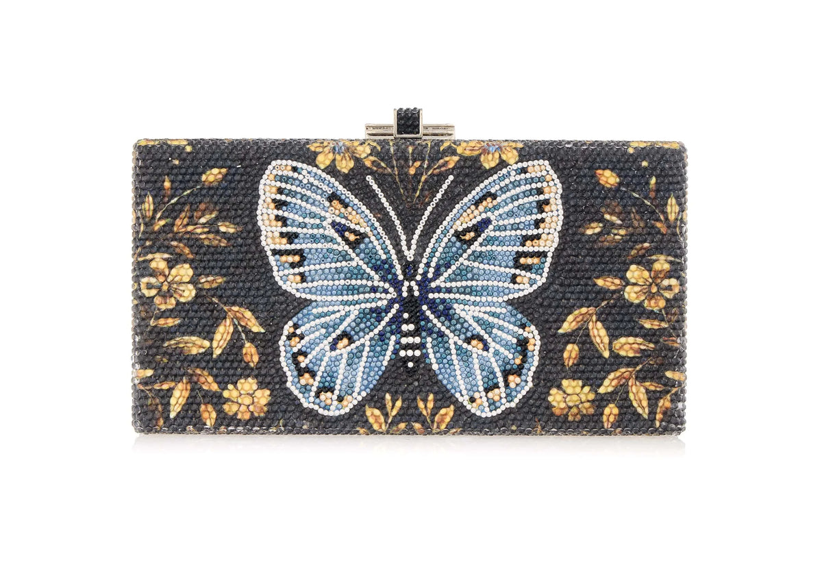 Sleek Rectangle Midnight Butterfly crystal clutch front view