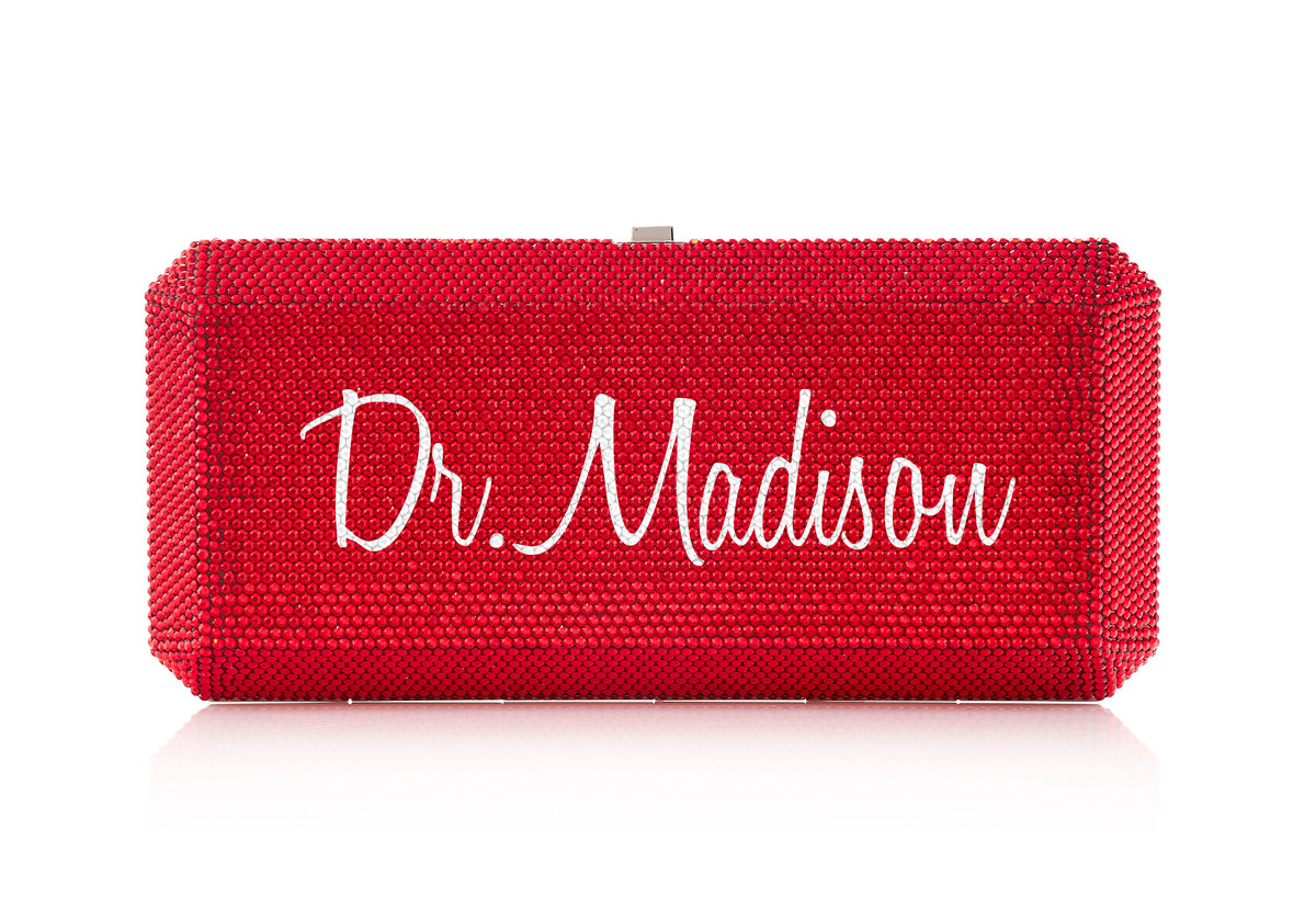 Bespoke Slim Rectangle crystal clutch monogram personalization example