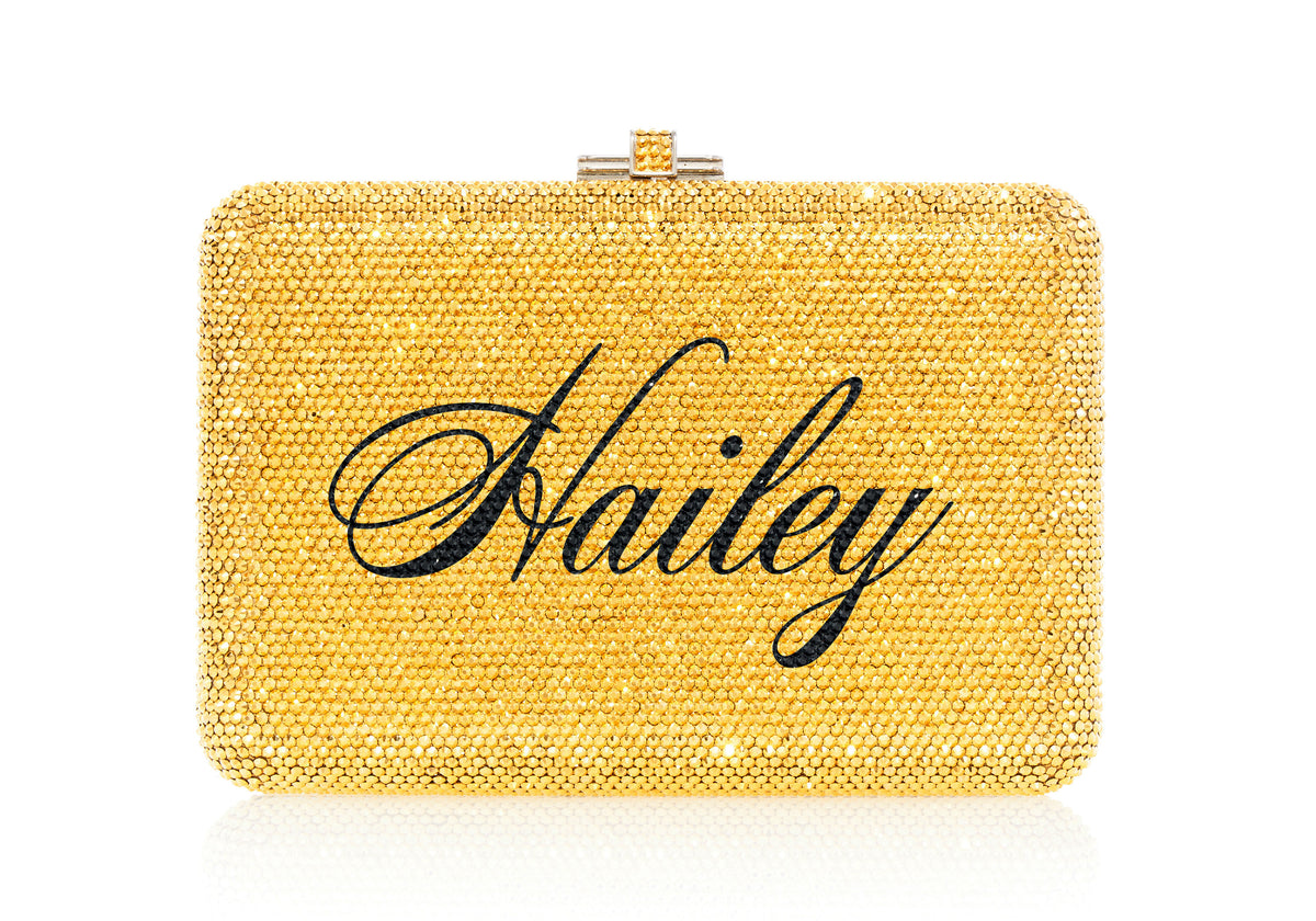 Bespoke Slim Slide gold crystal clutch front view
