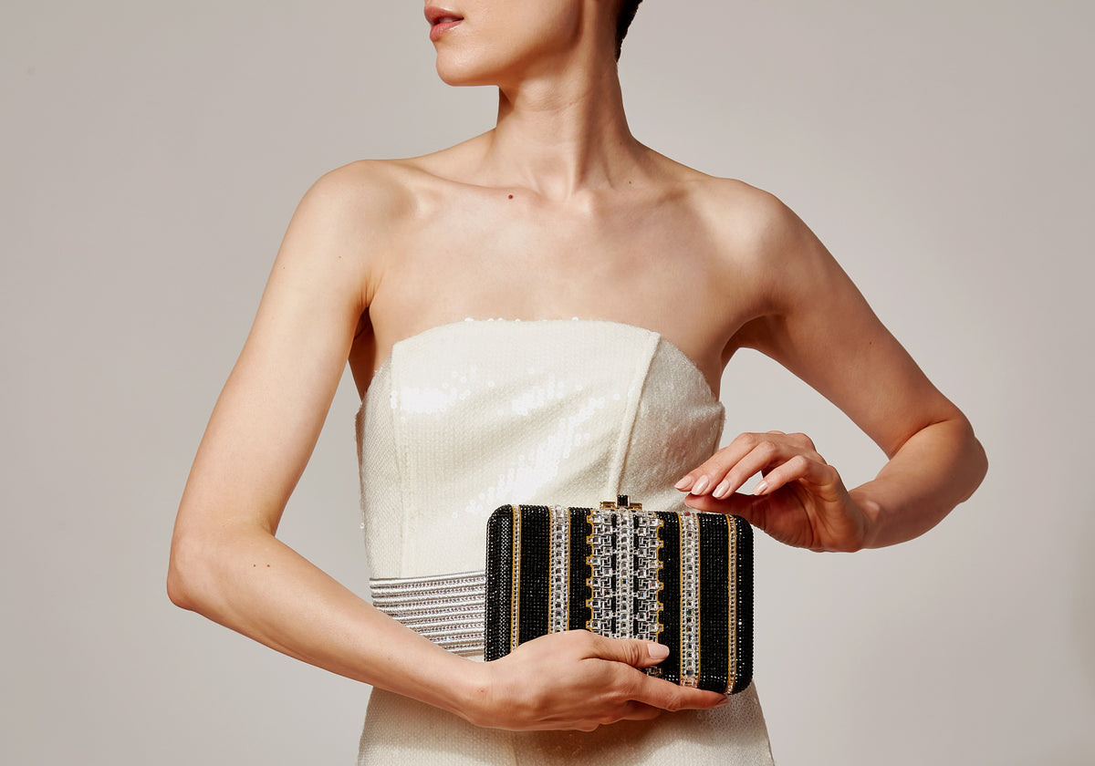 Slim Slide Crystal Lattice Black Clutch