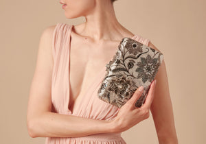 Slim Slide Dancing Floral Silver Clutch-2