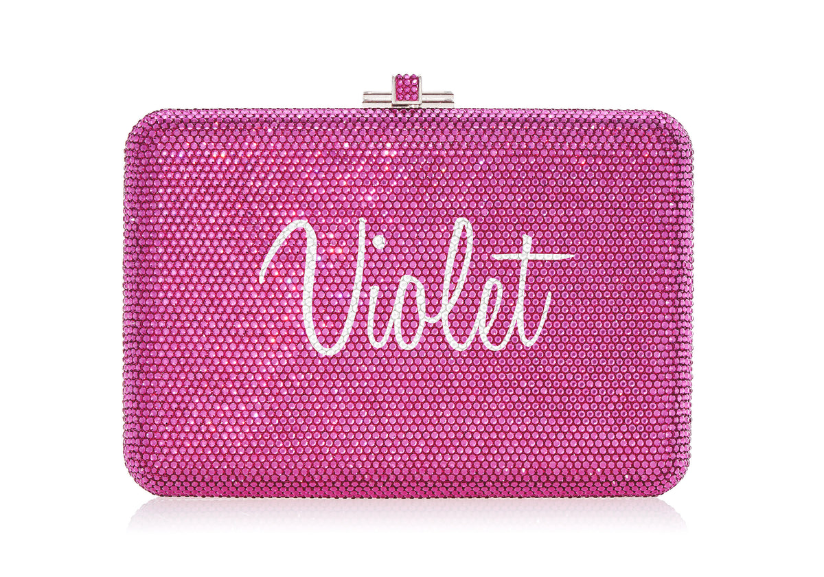 Bespoke Slim Slide fuchsia crystal clutch monogram personalization example