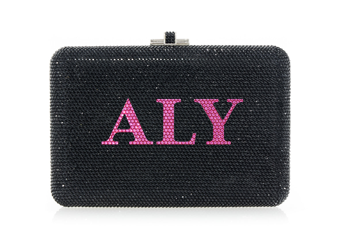 Bespoke Slim Slide jet crystal clutch front view