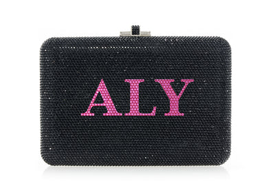 Bespoke Slim Slide jet crystal clutch front view