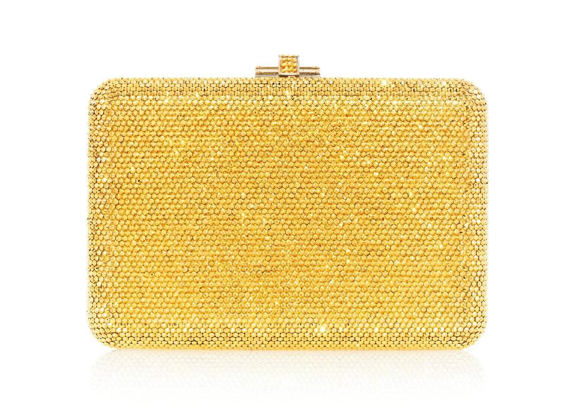 Slim Slide Gold crystal clutch with chain front view