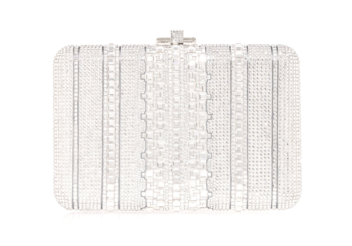 Slim Slide Crystal Lattice Silver rhine clutch front view