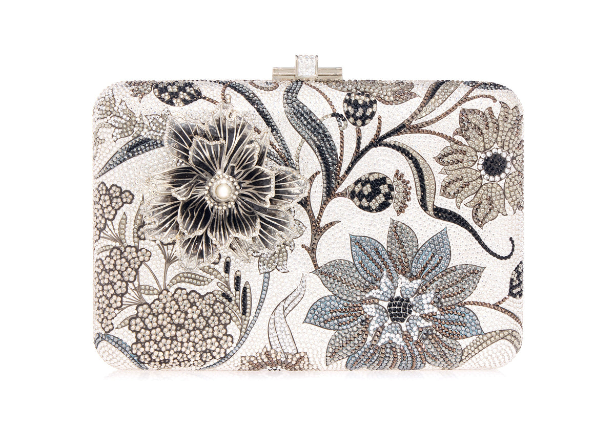 Slim Slide Dancing Floral Silver Clutch
