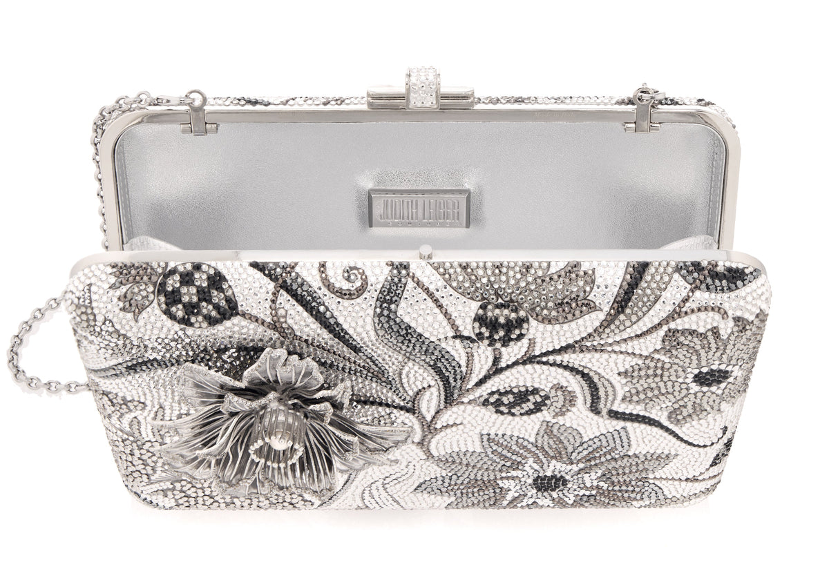 Slim Slide Dancing Floral Silver Clutch