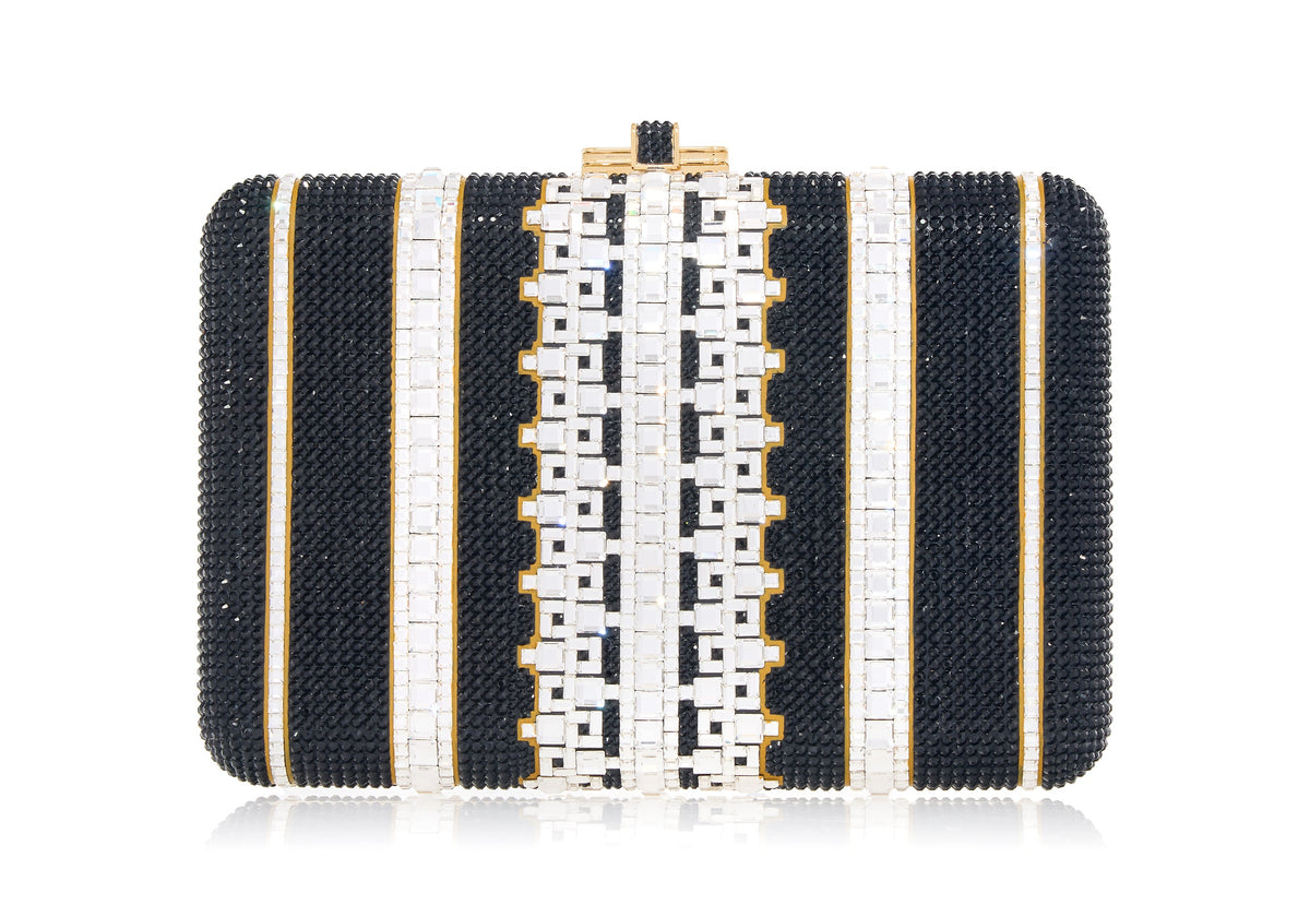 Slim Slide Crystal Lattice Black Clutch jet front view