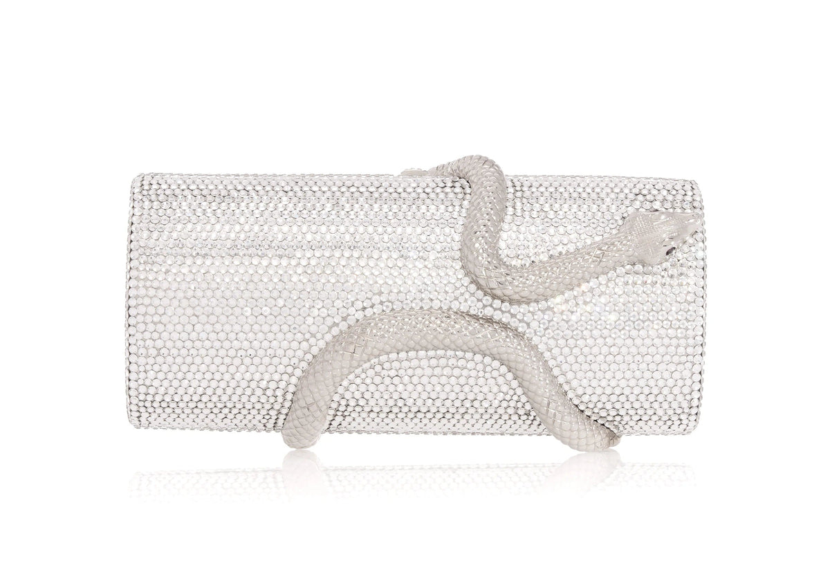 Spiral Snake Cylinder Silver crystal clutch front view