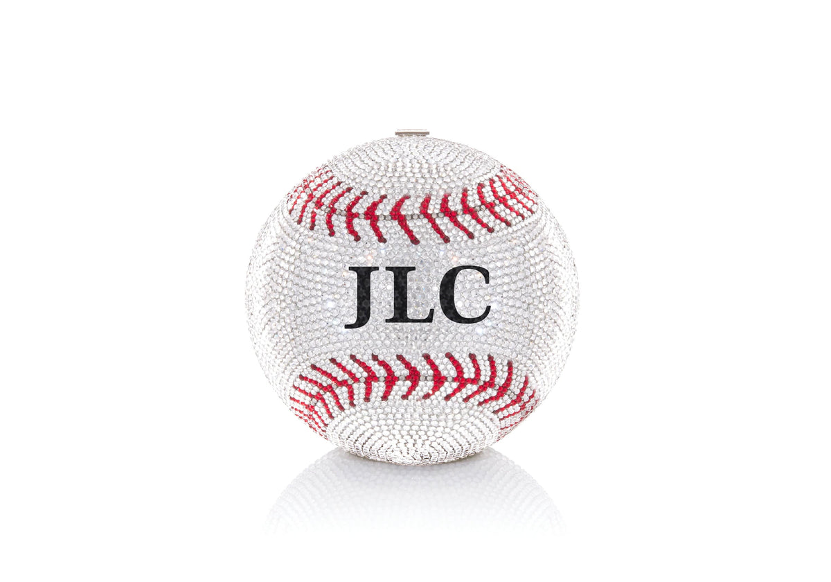 Bespoke Baseball crystal clutch monogram detail front view