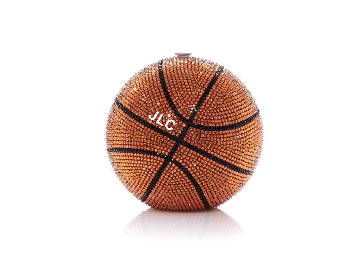 Bespoke Basketball black crystal clutch monogram detail front view