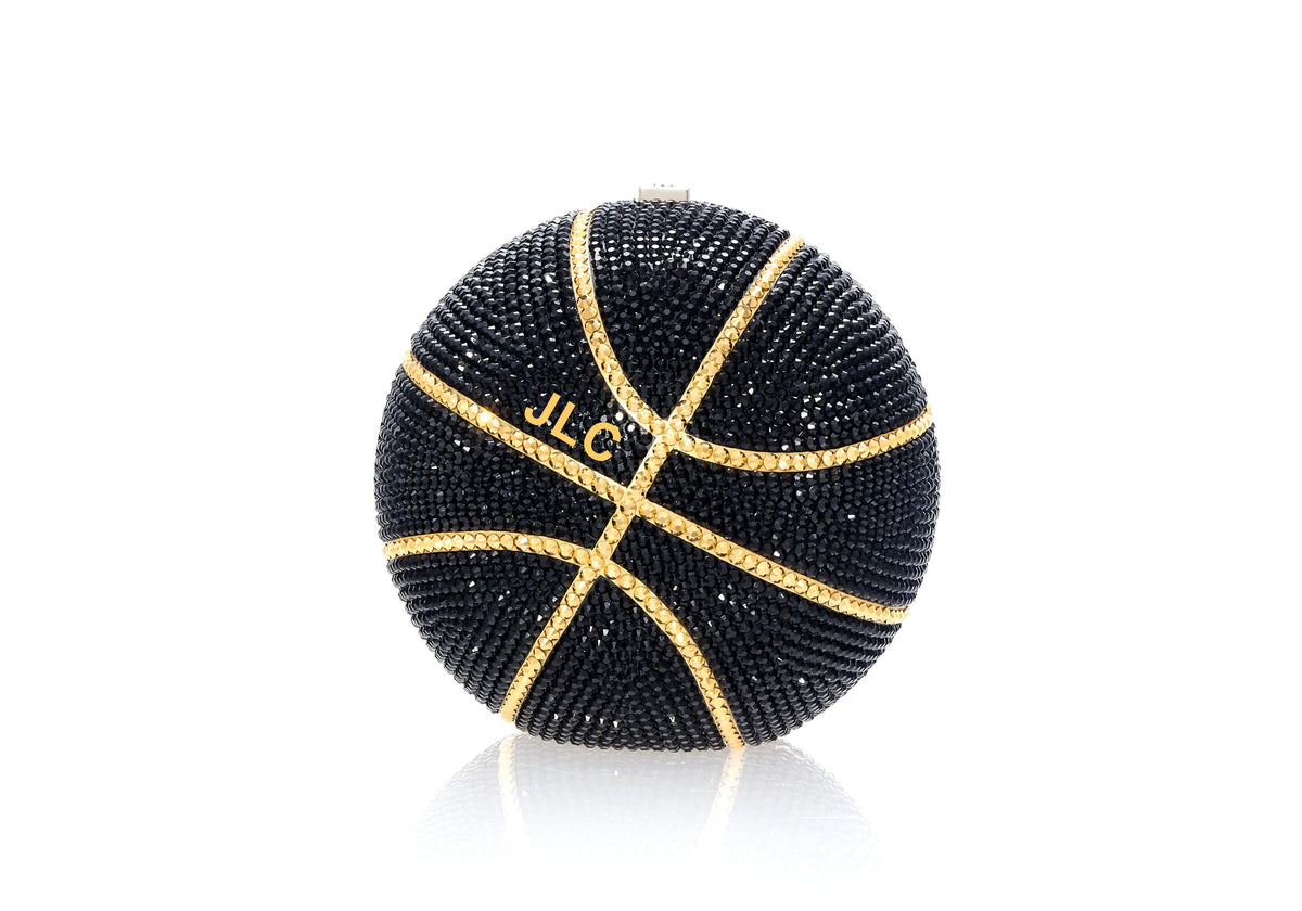 Bespoke Basketball black crystal clutch monogram detail angle view