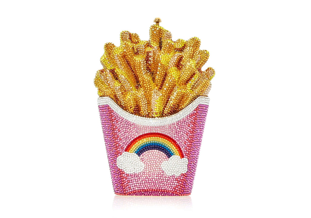 French Fries Chips Shaped Rainbow Rhinestones Mini Clutch Party Purses - Green