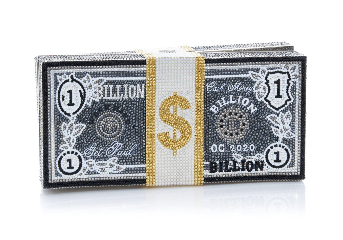 Stack of Cash Billions crystal clutch front view