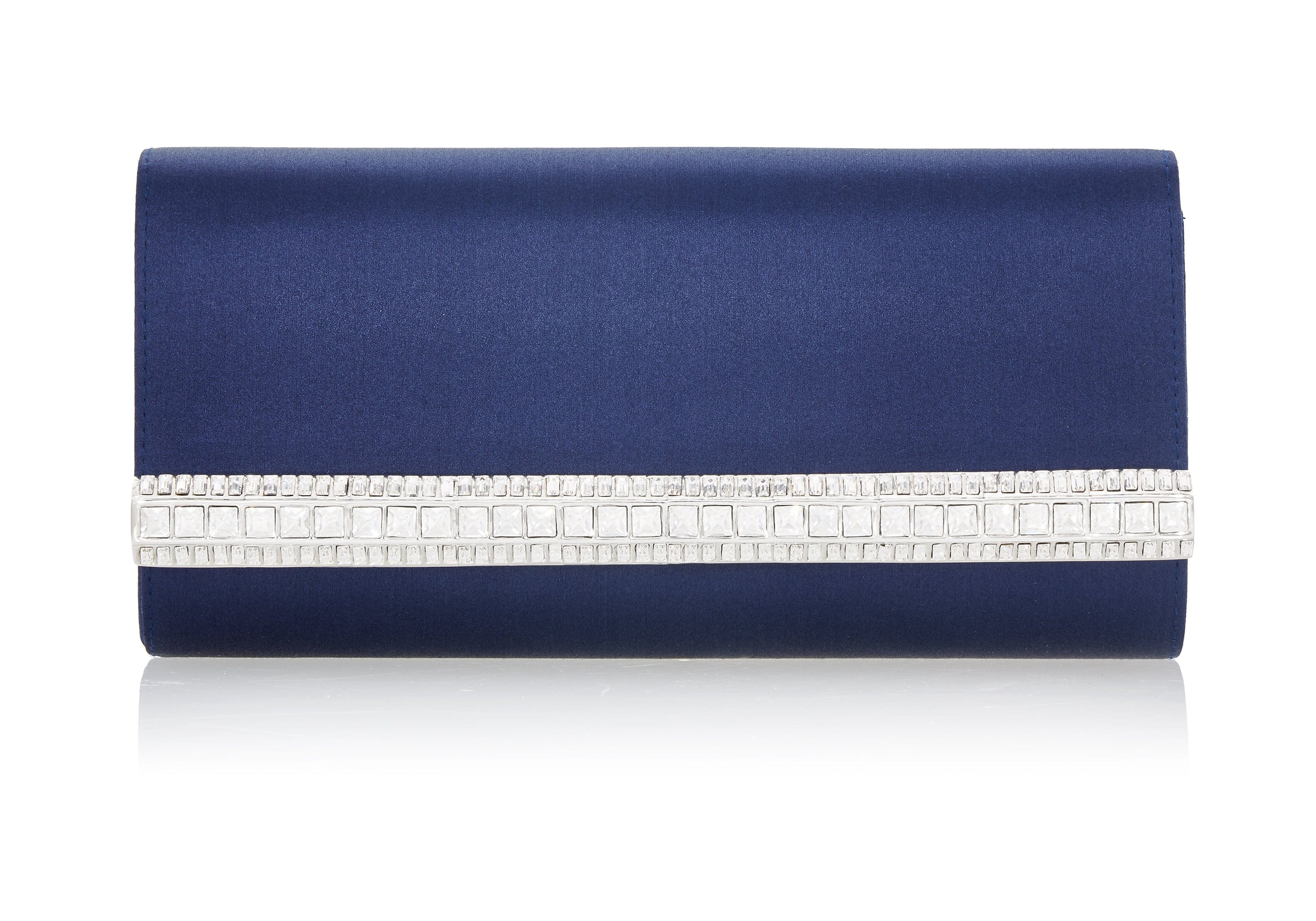 Judith Leiber Couture Crystal Bow Satin Envelope Clutch in Silver Navy