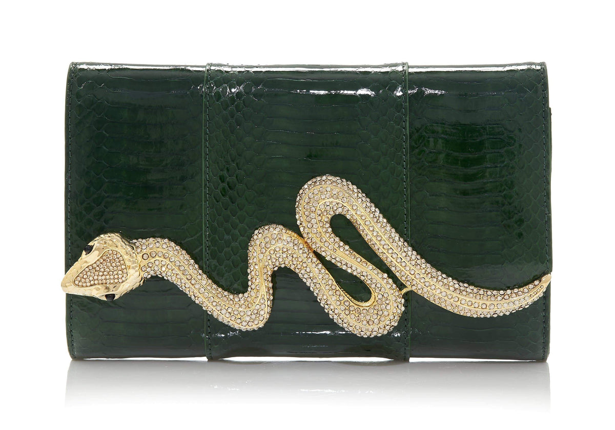 Serpent Snakeskin Clutch Emerald front view