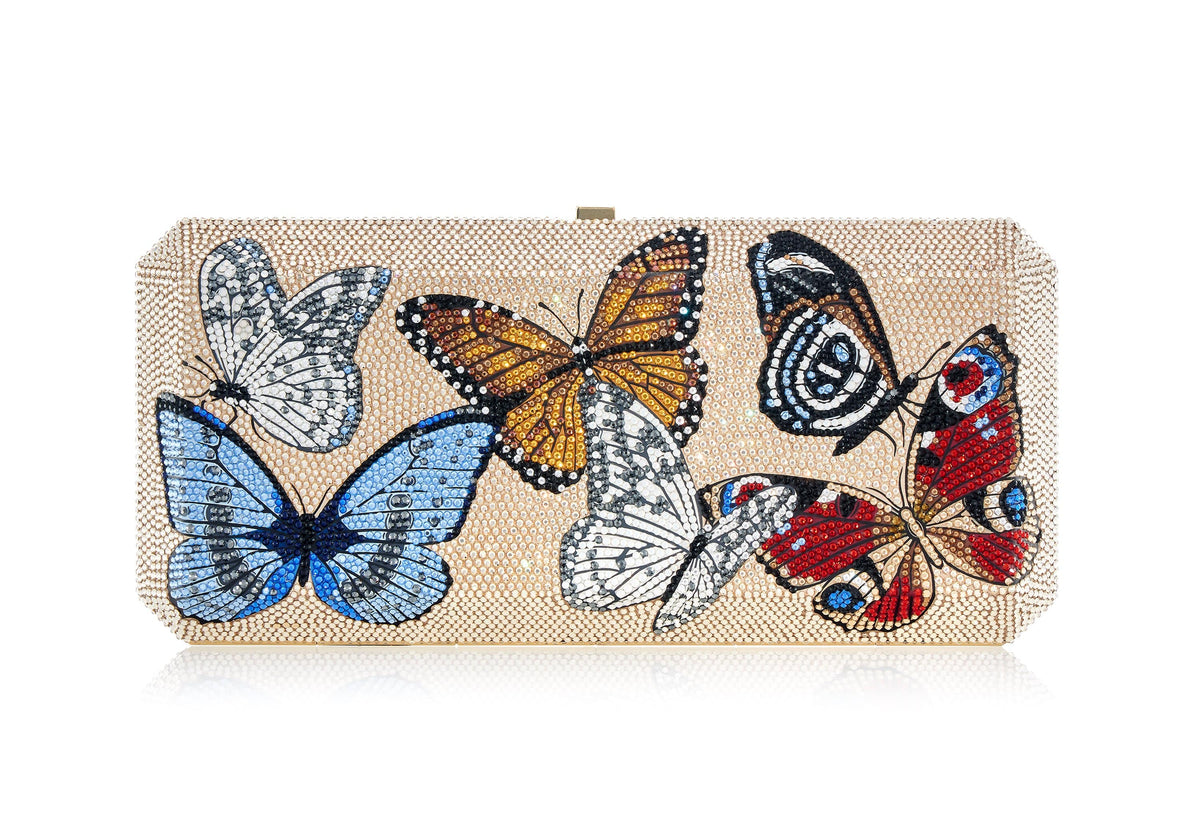 Butterfly crystal-embellished gold-tone clutch