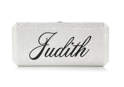 Bespoke Slim Rectangle crystal clutch cursive monogram font example