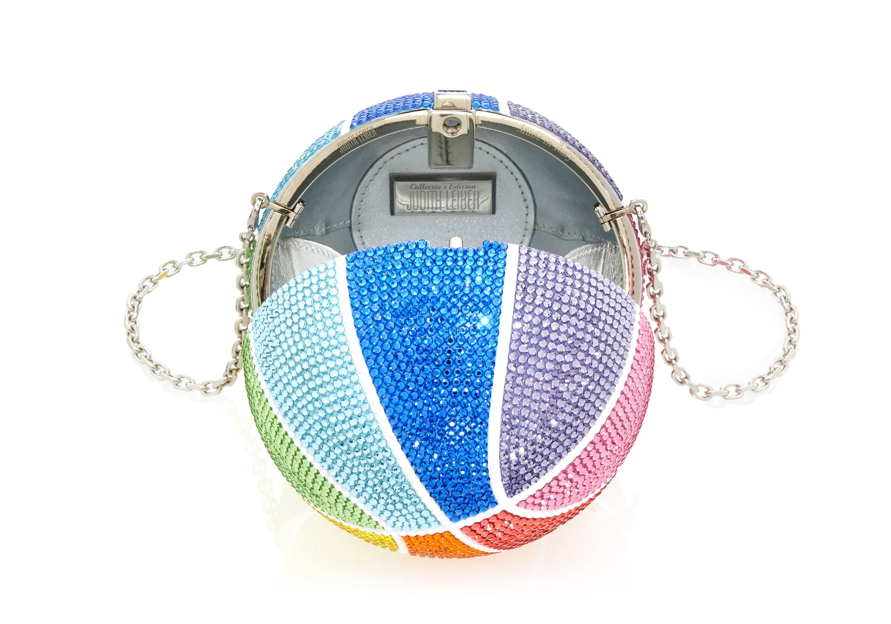 Judith Leiber Rainbow Crystal Basketball Clutch Silver Multi